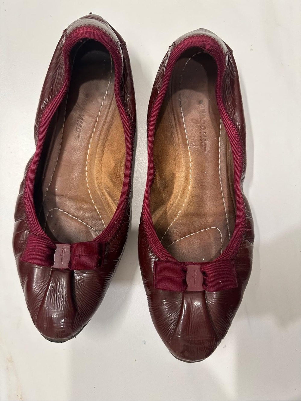 Salvatore Ferragamo Burgundy Bow Leather Ballet Flats